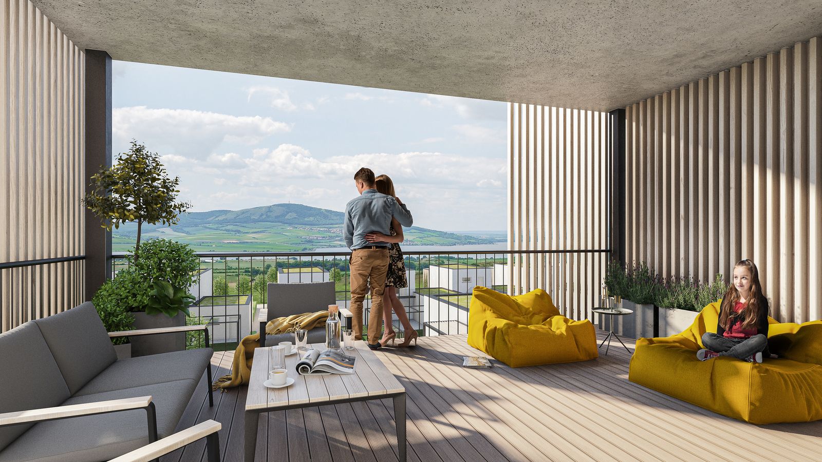 Vizualizace terasy apartmánu s výhledem na Pálavu